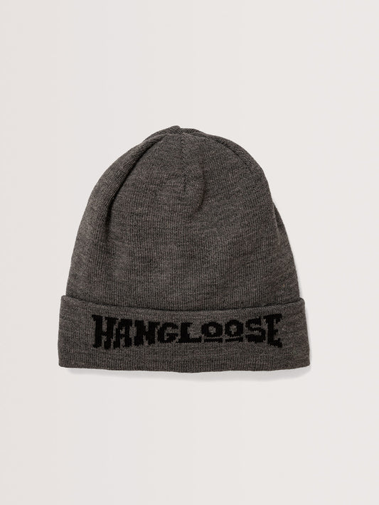 Gorro cinza com dobra larga e bordado frontal da palavra "Hang Loose" em preto. Design casual e tecido canelado.