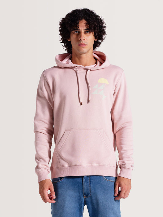 Moletom canguru rosa climb com capuz ajustável, bolso frontal e estampa minimalista de sol e triângulos no peito. Visual casual e moderno.