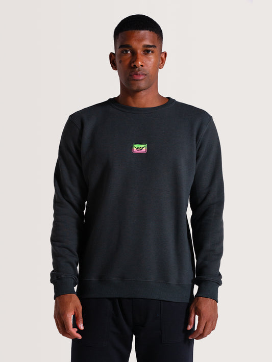 Modelo vestindo moletom careca cinza felpado com gola redonda e detalhe de bordado frontal colorido no peito. Peça de corte ajustado e casual.