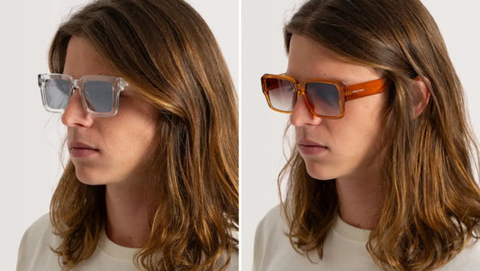 Duas imagens de um homem de perfil usando óculos da Hang Loose.