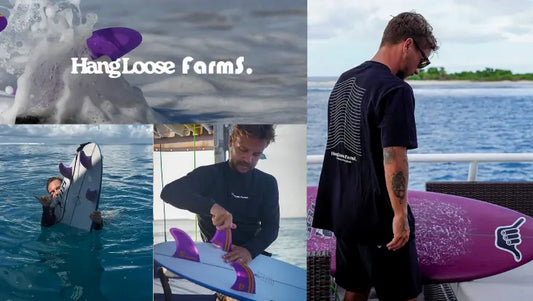 Mosaico com imagens de surfista vestindo camiseta Hang Loose x Farms e usando a quilha da collab na prancha.