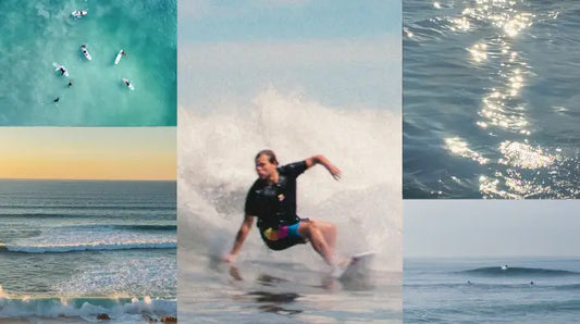 Imagem mosaico com foto em evidência de Léo Casal surfando. 