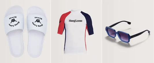 Montagem com chinelos slide brancos "Hang Loose Hawaii", camiseta de lycra com mangas azul e vermelha, e óculos de sol com armação azul. Peças estilosas e funcionais.