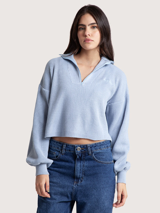 Blusa Tricot Hang Loose Zip Feminino Azul Claro