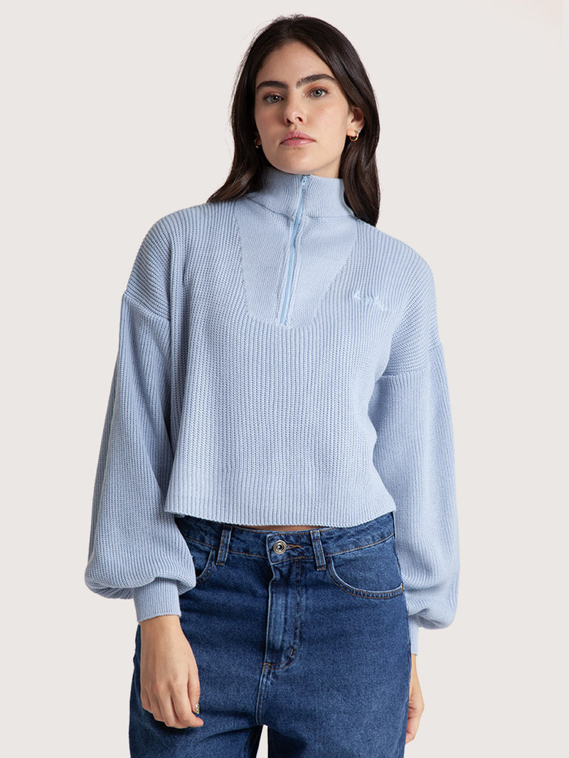 Blusa Tricot Hang Loose Zip Feminino Azul Claro
