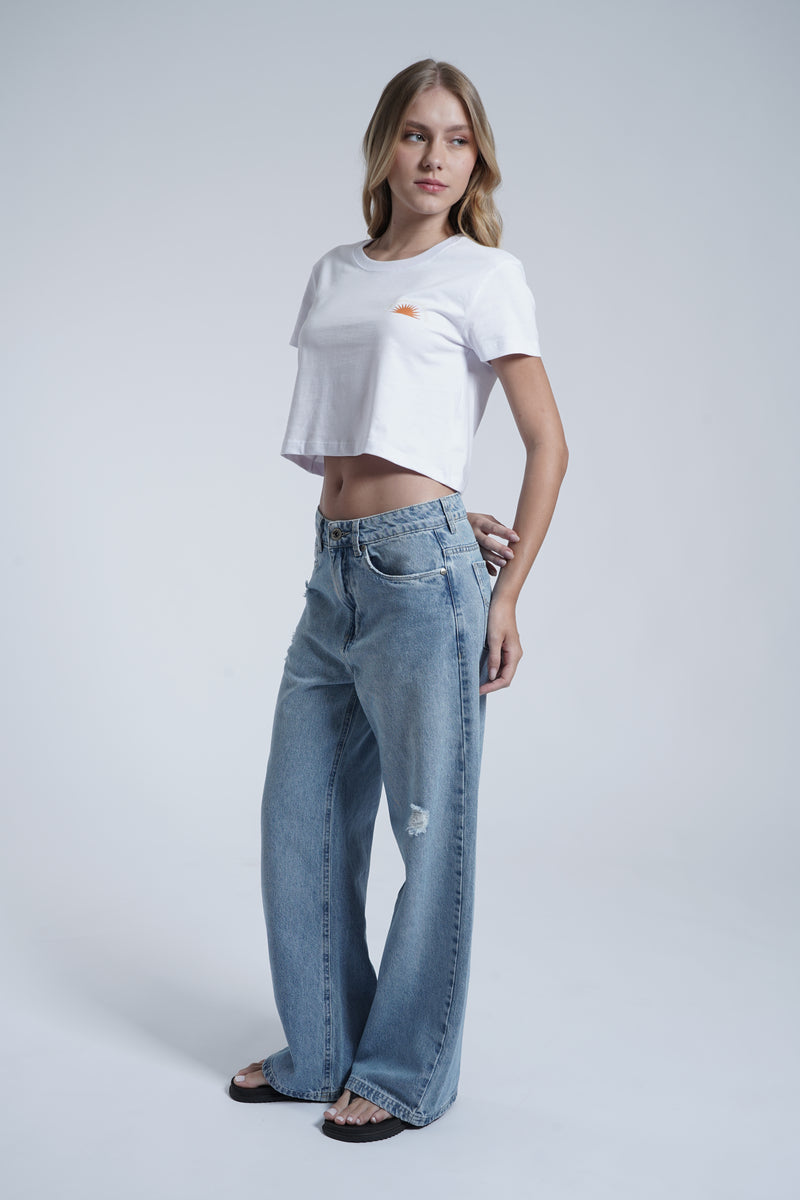 Calça Jeans Wide Leg Feminina Azul Clara