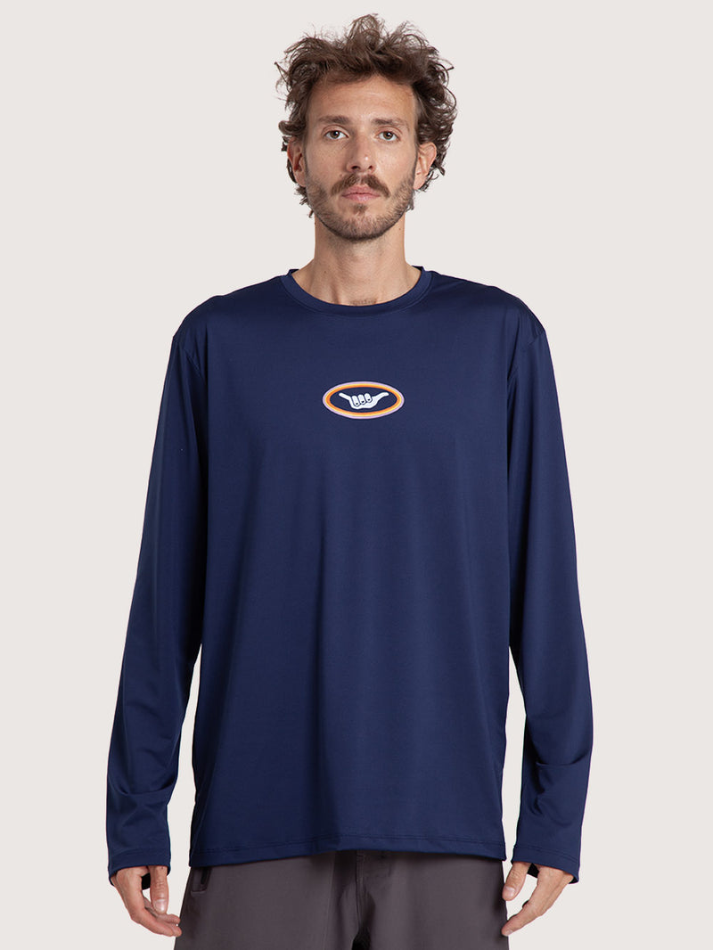Camiseta Surf Manga Longa Hang Loose Retro Azul Marinho UV Dry