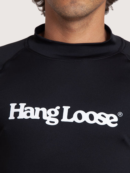 Camiseta Surf Manga Longa Hang Loose Typo Preta UV Dry