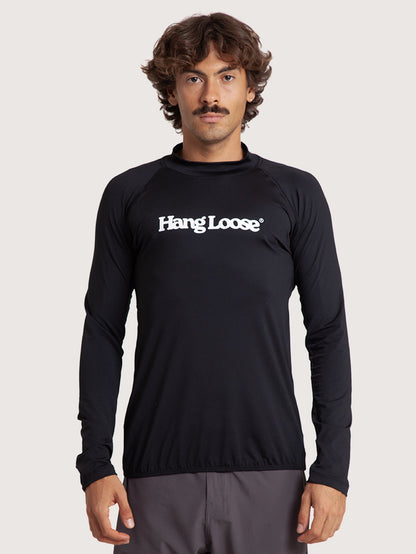 Camiseta Surf Manga Longa Hang Loose Typo Preta UV Dry