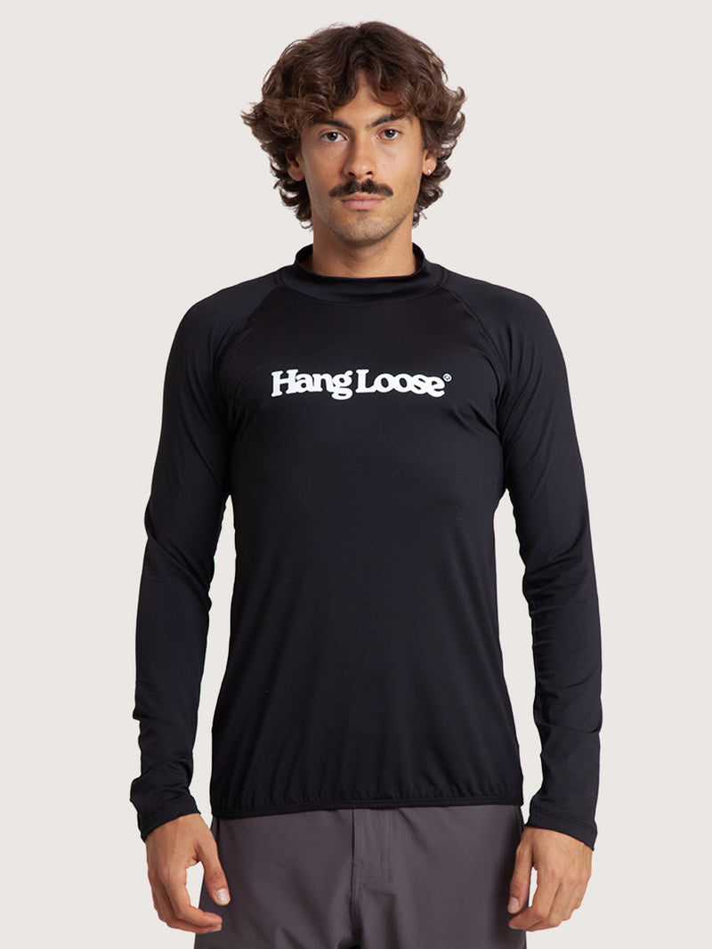 Camiseta Surf Manga Longa Hang Loose Typo Preta UV Dry