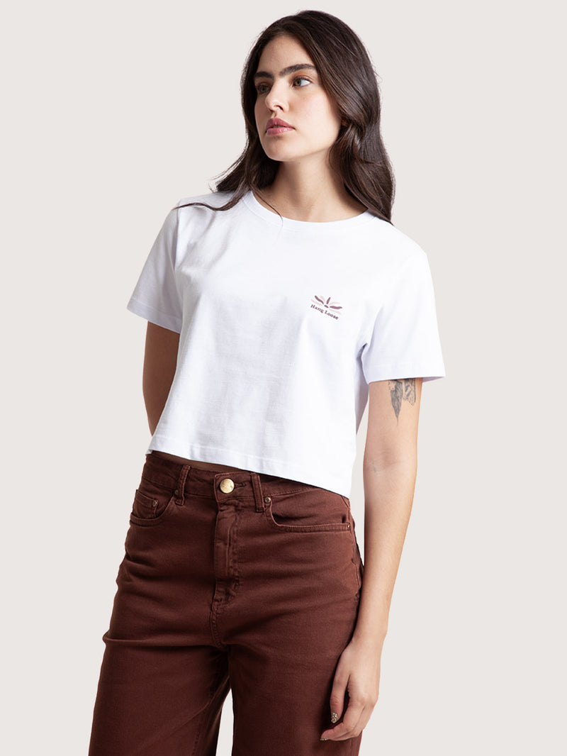 Camiseta Cropped Branca Hang Loose Feminina Into