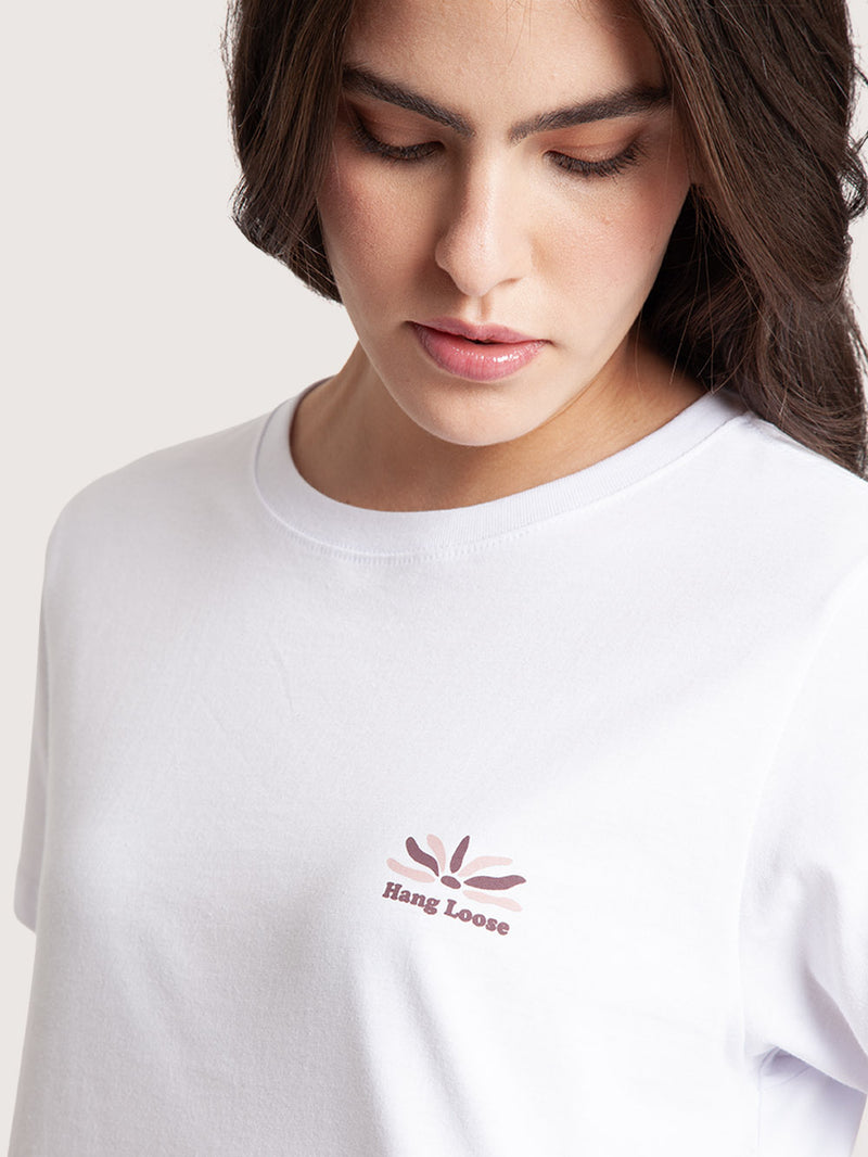 Camiseta Cropped Branca Hang Loose Feminina Into