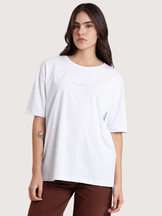 Camiseta Oversized Hang Loose Flowers Branca Feminina