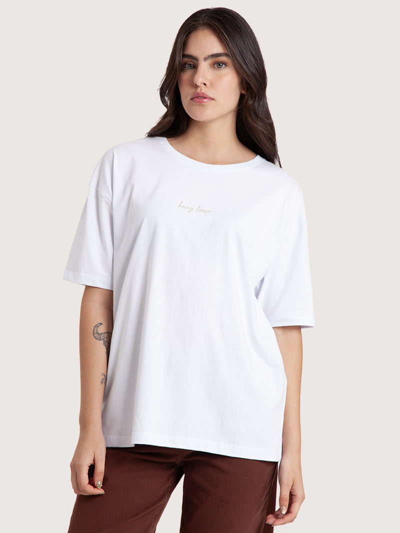 Camiseta Oversized Hang Loose Flowers Branca Feminina