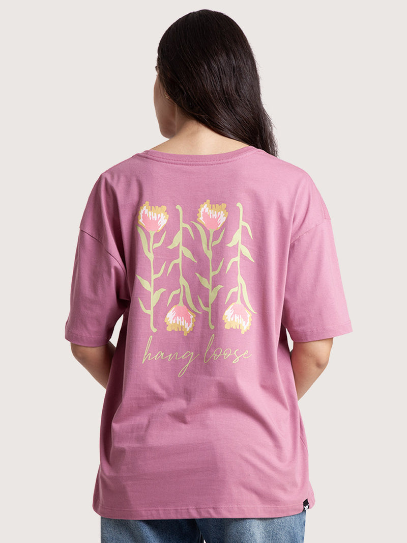 Camiseta Oversized Hang Loose Flowers Rosa Feminina