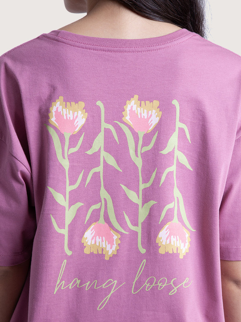 Camiseta Oversized Hang Loose Flowers Rosa Feminina