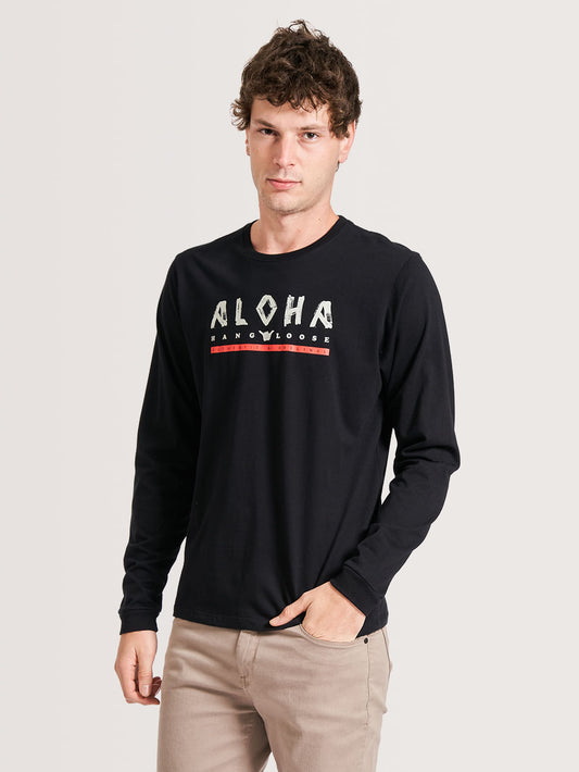 Camiseta Manga Longa Hang Loose Aloha Preta