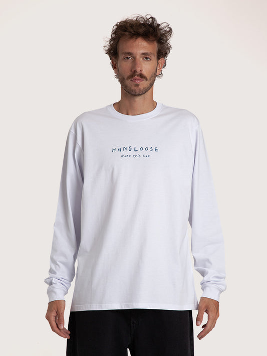 Camiseta Manga Longa Branca Masculina Hang Loose Share It