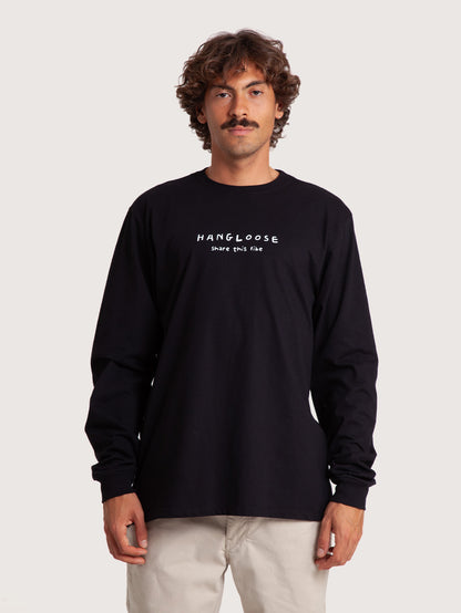 Camiseta Manga Longa Preta Masculina Hang Loose Share It