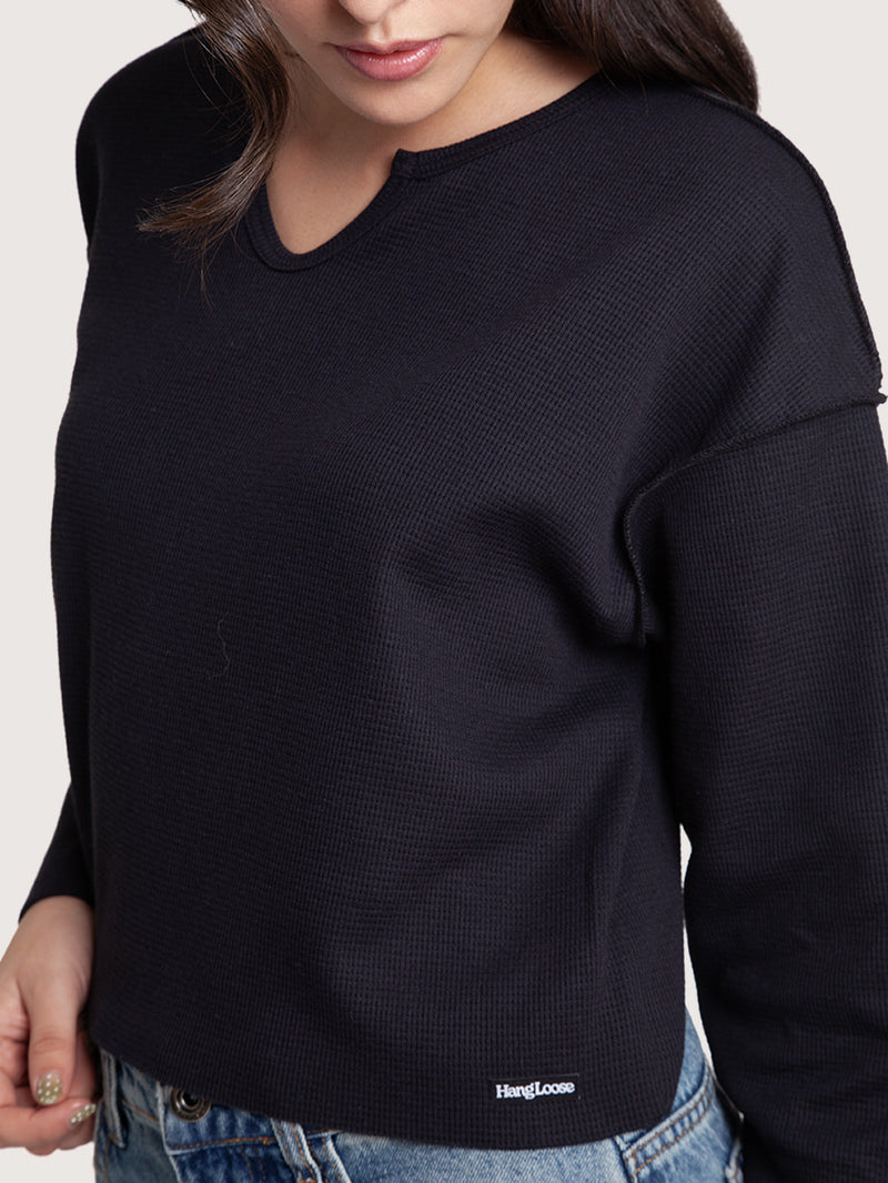 Camiseta Manga Longa Preta Hang Loose Waffle