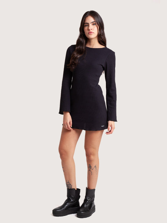 Vestido Manga Longa Curto Preto Feminino Hang Loose Waffle