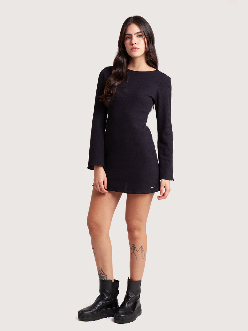 Vestido Manga Longa Curto Preto Feminino Hang Loose Waffle
