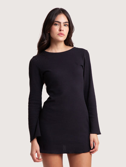 Vestido Manga Longa Curto Preto Feminino Hang Loose Waffle