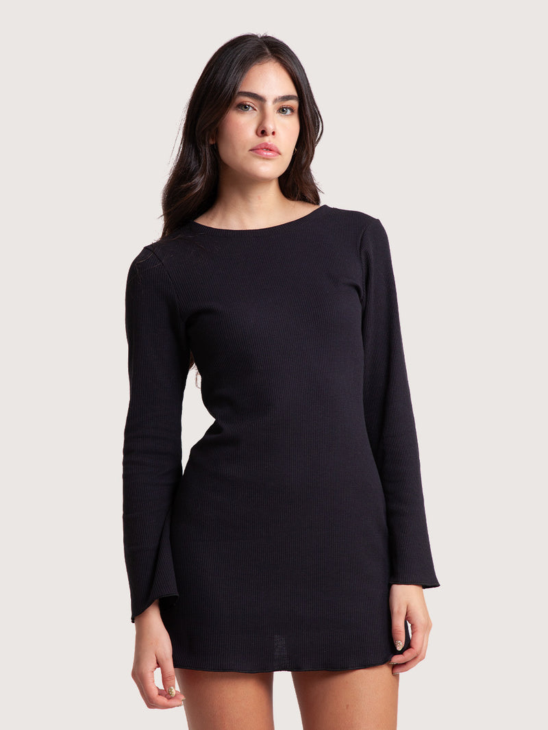 Vestido Manga Longa Curto Preto Feminino Hang Loose Waffle
