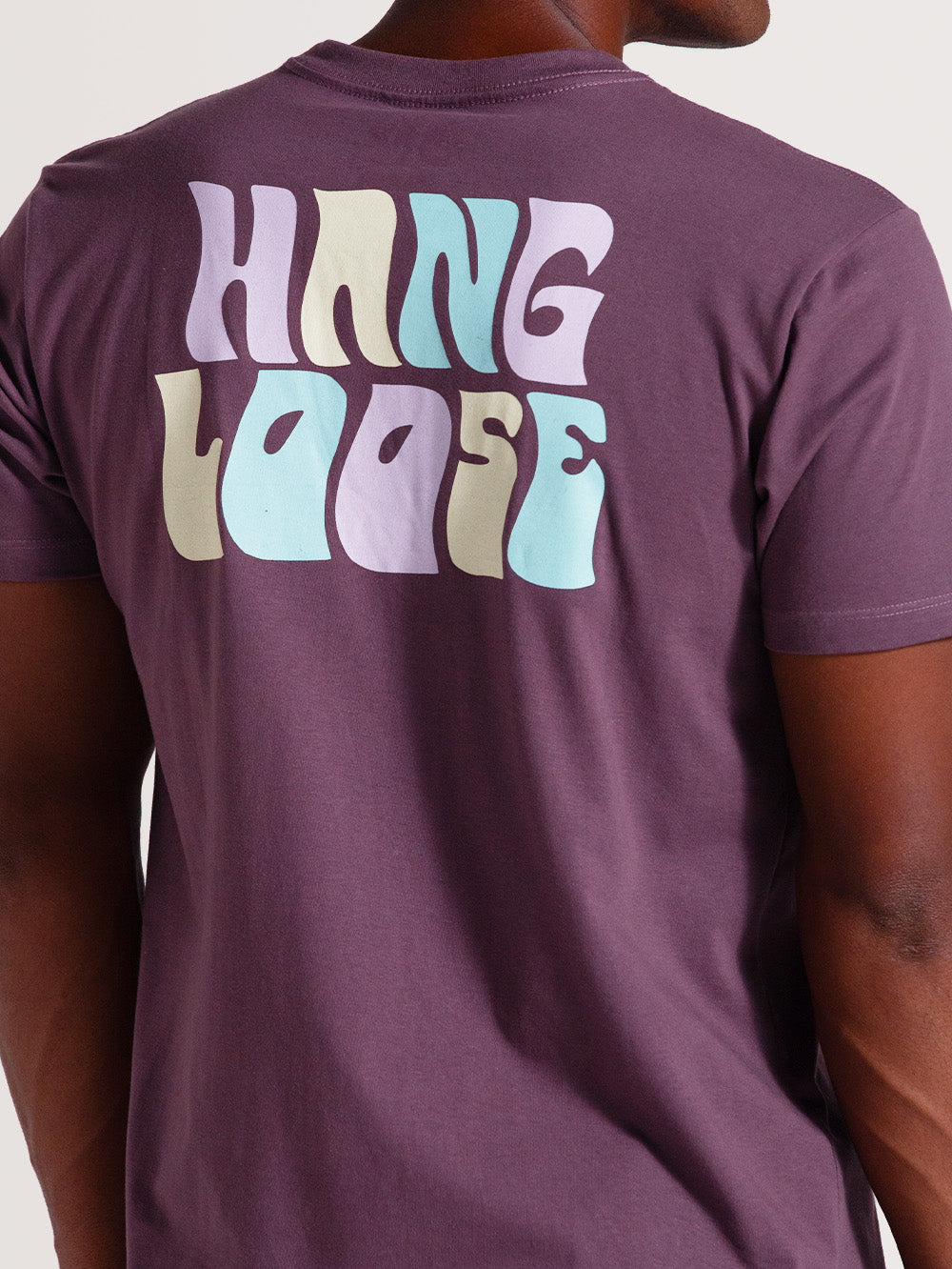 Homem vestindo a camiseta violeta manga curta com estampa traseira colorida escrita "Hang Loose" em letras estilizadas.