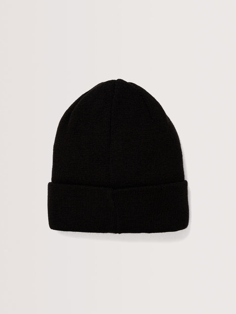 Parte de trás do gorro preto typo de malha simples com dobra ajustável na base, design minimalista sem estampas ou detalhes visíveis. Ideal para clima frio.