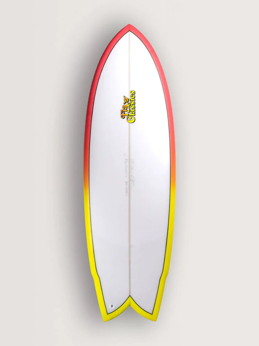 Prancha twins fins Fia Classic na cor branca com lateral em degadrê amarela e laranja.